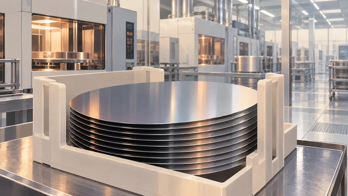 Illustration of blank semiconductor substrate wafers in a protective holder with generic materials-production equipment in the background.