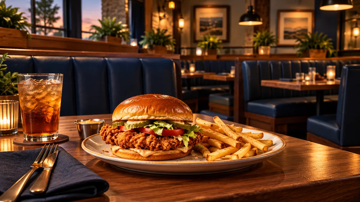 Illustration of a chicken sandwich and fries in an unbranded American casual-dining restaurant.