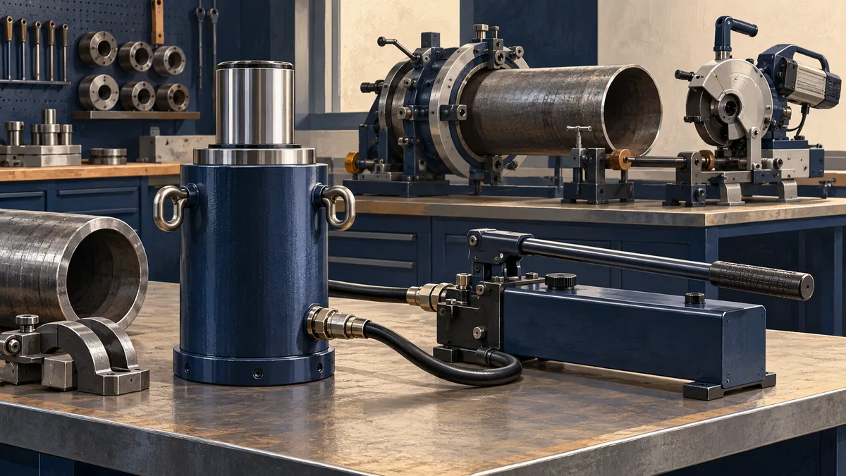 Illustration of an unbranded hydraulic lifting tool beside portable pipe-fabrication equipment in an industrial workshop.