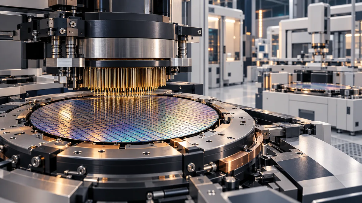 Illustration of unbranded semiconductor wafer probing equipment on a clean production floor.