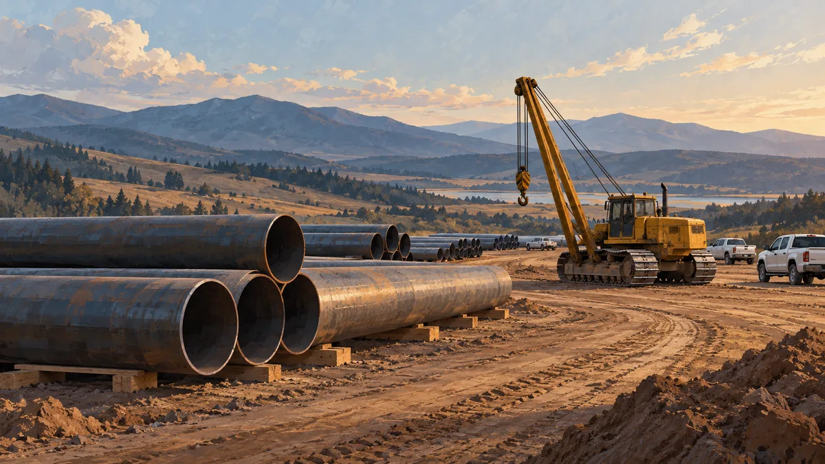 Illustration of steel pipe sections, a generic pipelayer and work trucks at a construction staging area.
