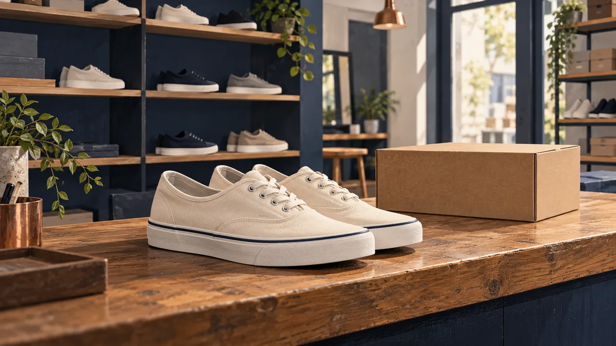 Illustration of unbranded canvas shoes and a delivery box on a footwear shop counter.