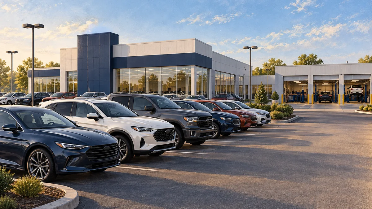 Illustration of cars outside an unbranded dealership and service workshop.