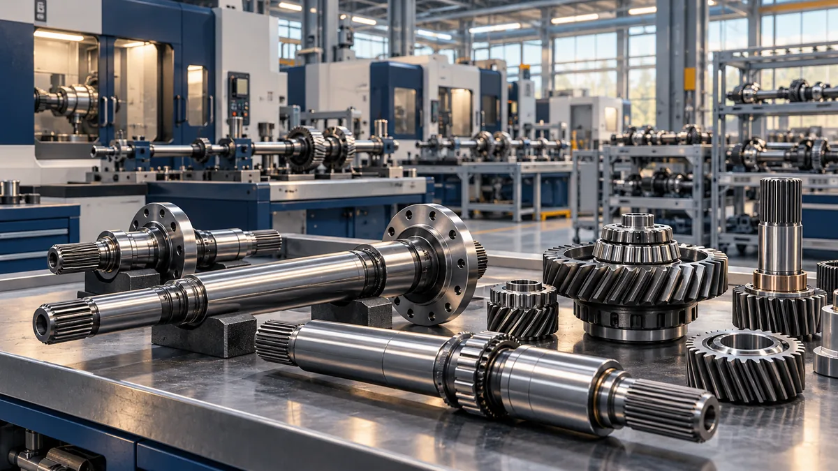 Illustration of axles, shafts and gears at an unbranded auto-parts assembly station.