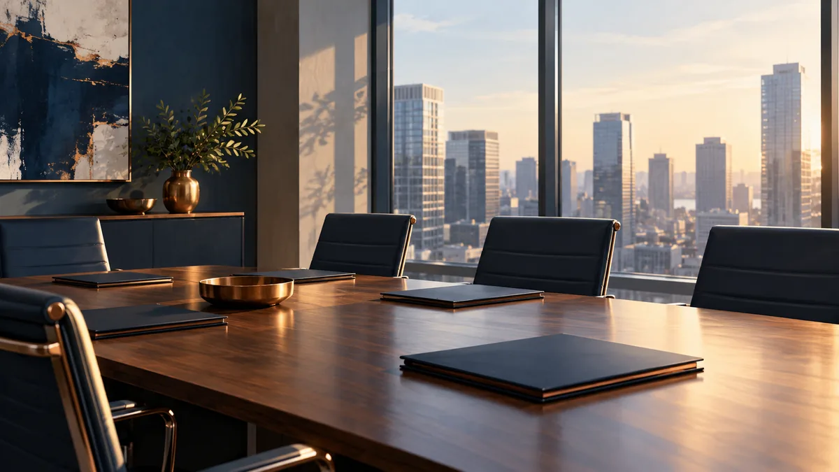 Illustration of an unbranded consulting office meeting room overlooking a city.