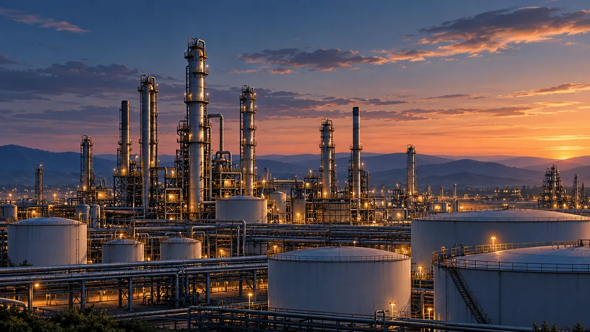 Illustration of an unbranded refinery with towers, pipes and storage tanks at dusk.