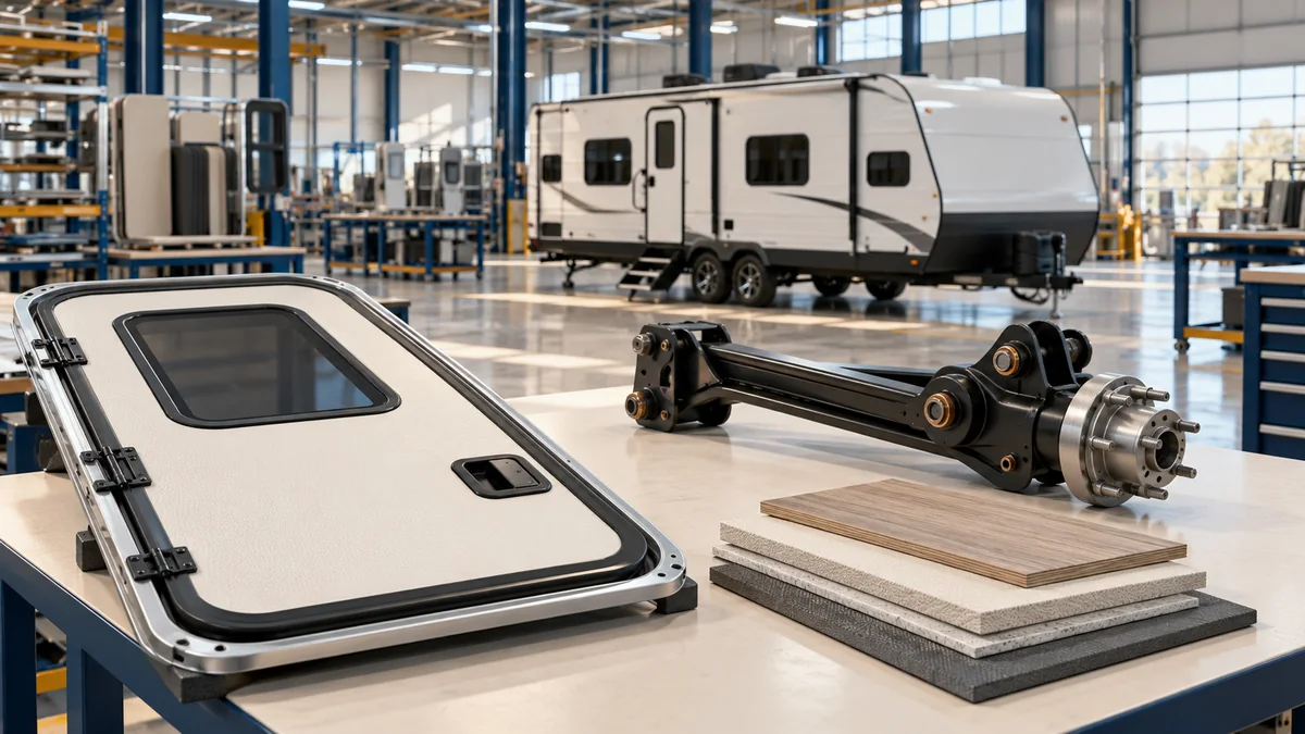 Illustration of recreational-vehicle components and a travel trailer in a manufacturing setting.
