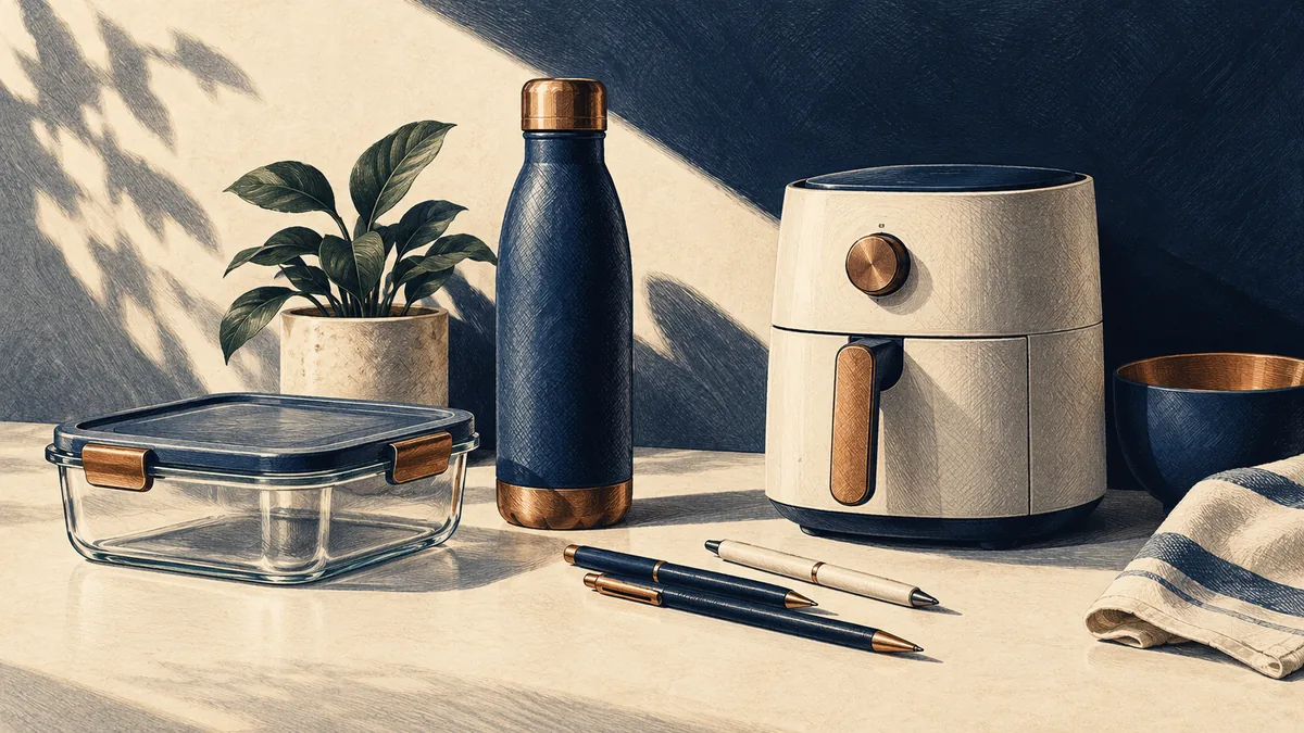 Illustration of unbranded household goods, including a storage container, bottle and pens.