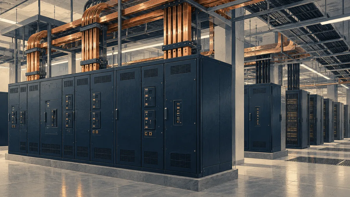 Illustration of electrical distribution cabinets and copper conductors in a data-center setting.