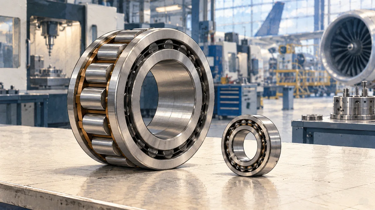Illustration of machined steel precision bearings on a workbench.